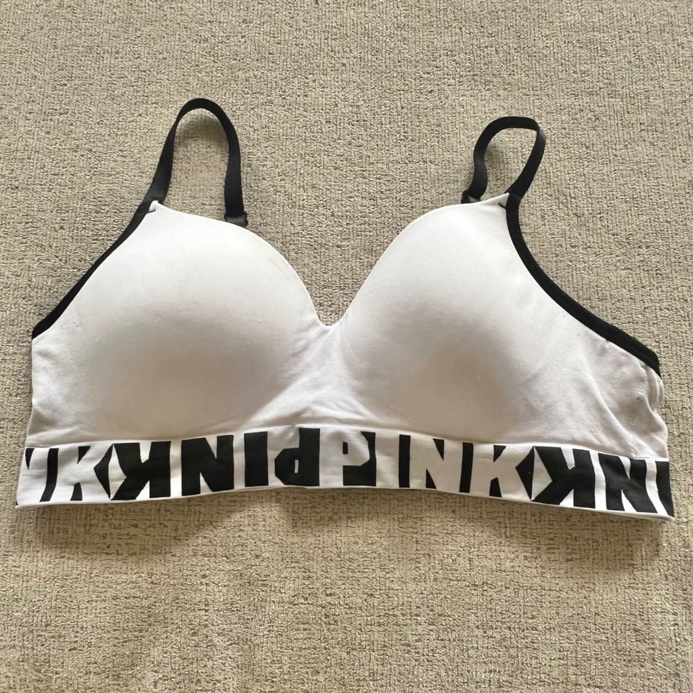 Victoria's Secret PINK Wireless Logo Bralette White Black Large